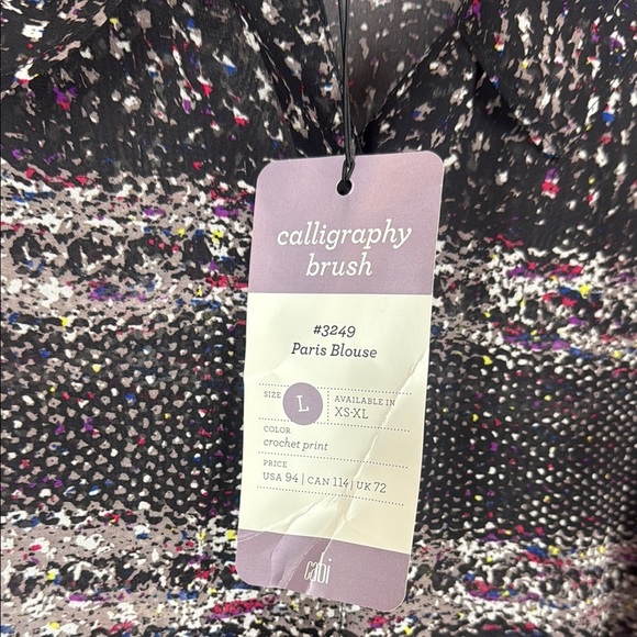 Cabi Crochet Print Black Brown and Cream Buttoned Sheer Paris Blouse Size Large - Picture 5 of 12